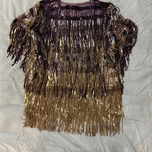 QUEEN OF SPARKLES PINATA SEQUIN SLEEVE PURPLE AND GOLD SHIRT XS NWT ECU / LSU - Picture 9 of 10